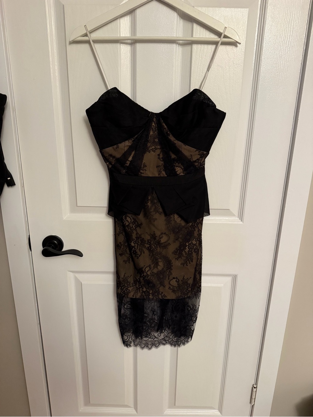 Marchesa Notte Black Lace-Overlay Midi Dress with Nude Underlay